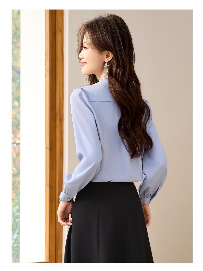 Women's Long Sleeve Blue Bow Chiffon Blouse - Professional French Workwear