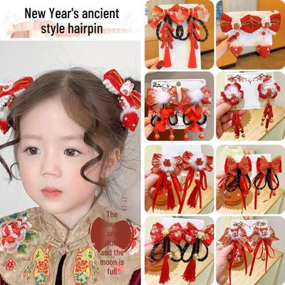 Children's Festive Hanfu Hair Clips: New Year Tassel Bow Headdress for Girls