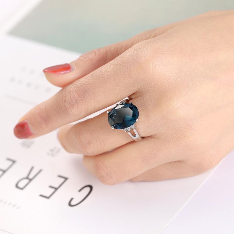 Fashion Female Girl Crystal Blue Stone Ring  Sterling Silver Love Round Zircon Wedding Ring for Women  Girlfriend Gift