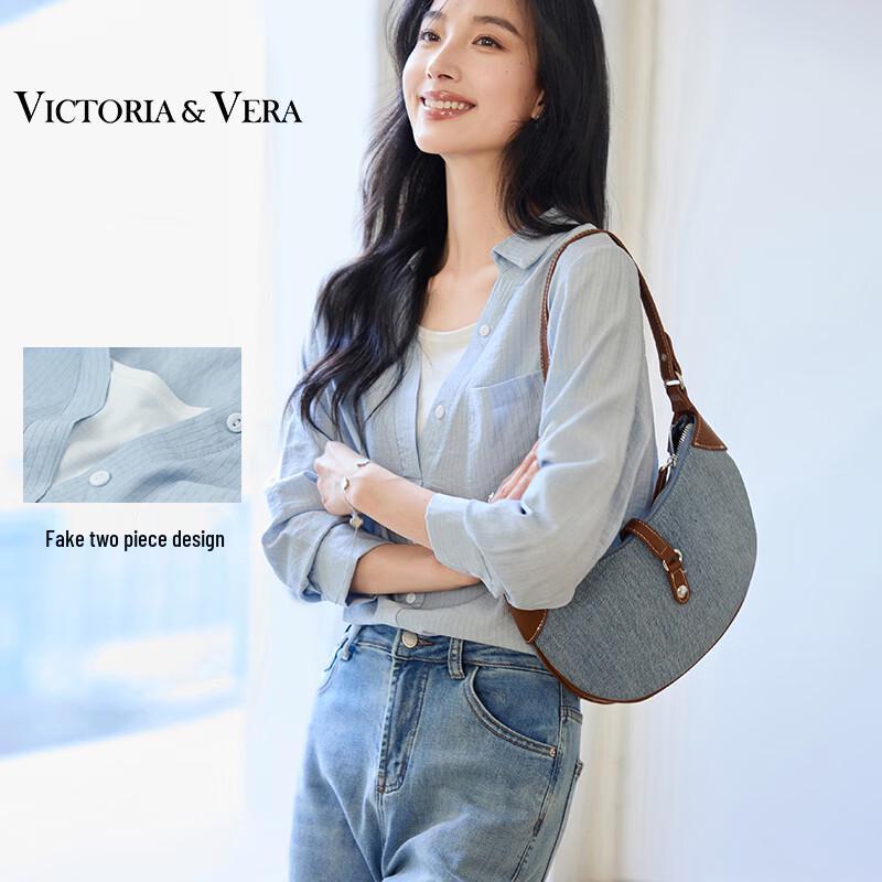 VICTORIA&VERA Women s Faux Two-Piece Striped V-Neck Shirt S