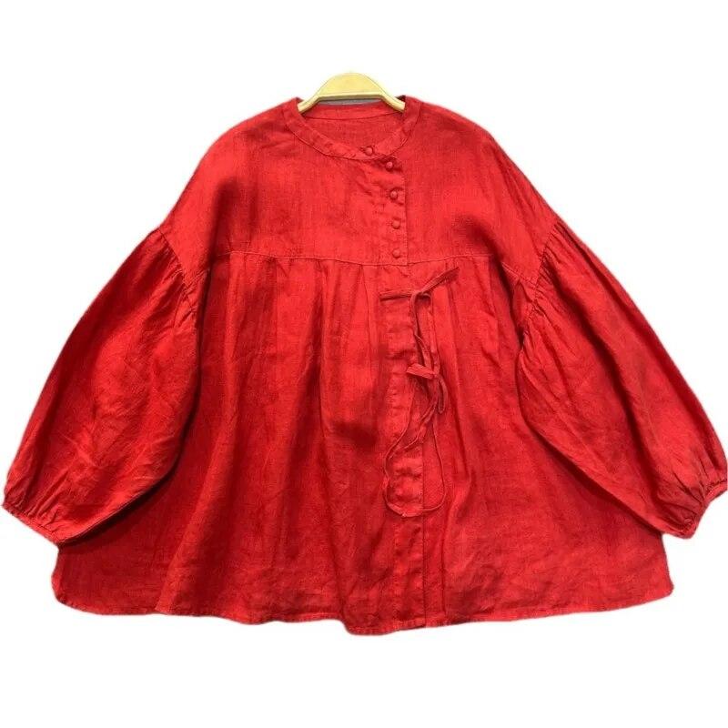 Johnature Spring Autumn Vintage Literary Slanted Lace-up Shirt Loose Tops Simple Solid Color Women Shirts