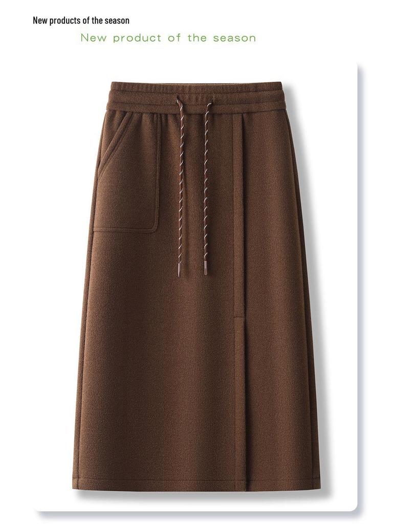 Jupe Midi Kaki en Laine pour Femmes – Automne/Hiver, Taille Élastique, Coupe Droite Moulante avec Fente Avant, Longueur Cheville