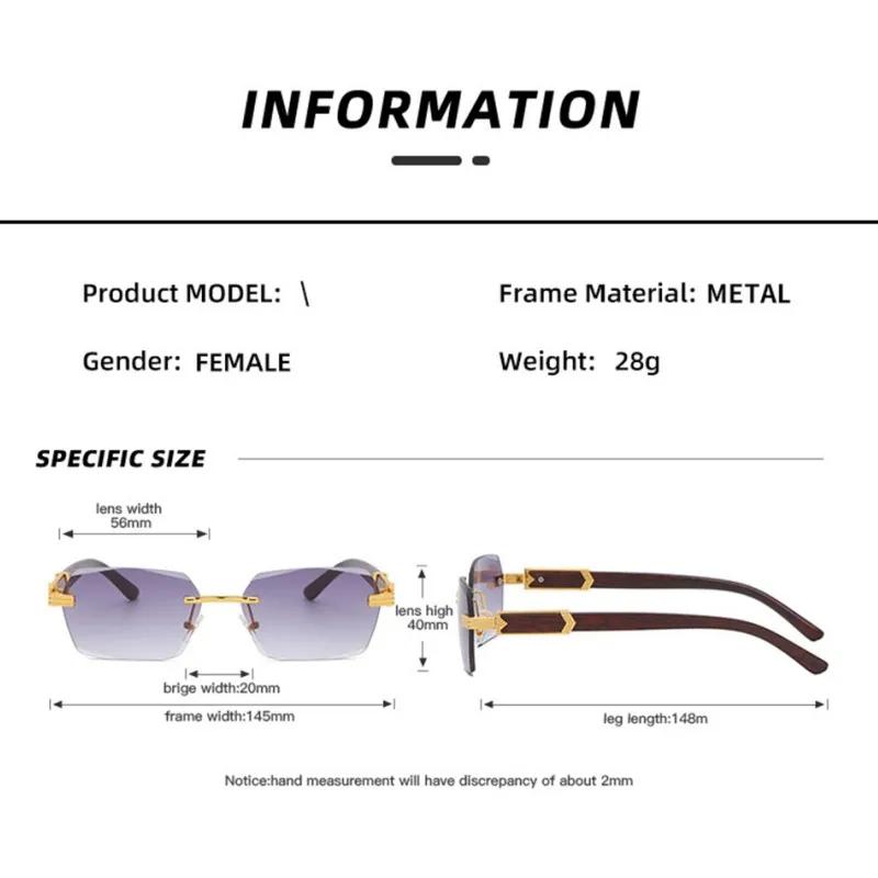 Men Luxury Rimless Sunglasses Rectangle Anti UV400 Lens with Wooden Grain Leg Unisex Women Retro Shades Lentes Hombre
