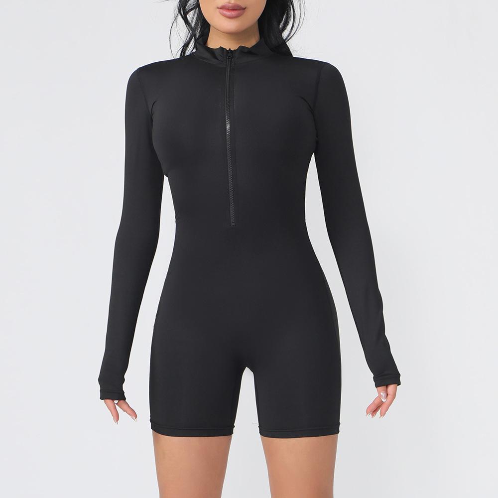 

лето осень Сборки Комбинезон для тренажерного зала Женский Фитнес длинный рукав шорты Костюм Спортивный Комбинезон Женский Спортивный костюм Одежда для йоги Молния Тренировка Спортивная одежда S чёрный