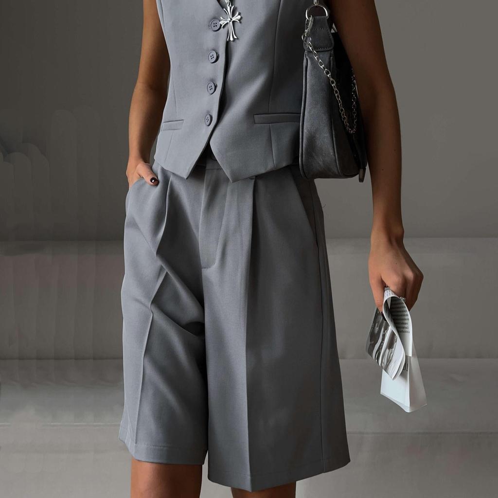 Conjunto Feminino de Duas Peças: Colete, Camisa Sem Mangas, Shorts de Cintura Alta com Cordão, Tamanho Grande, Conjuntos de Moda
