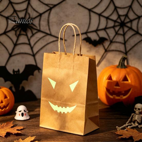 Decorative Party Supplies Halloween Candy Bags with Luminous Pumpkin Ghost Prints, Thickened Reusable Paper Treat Container Gift Bags, Trick or Favors