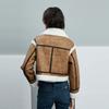 Gap Faux Leather Color Block Warm Oversized Fashion Lapel Motorcycle Jacket Women Jackets Brown 836350