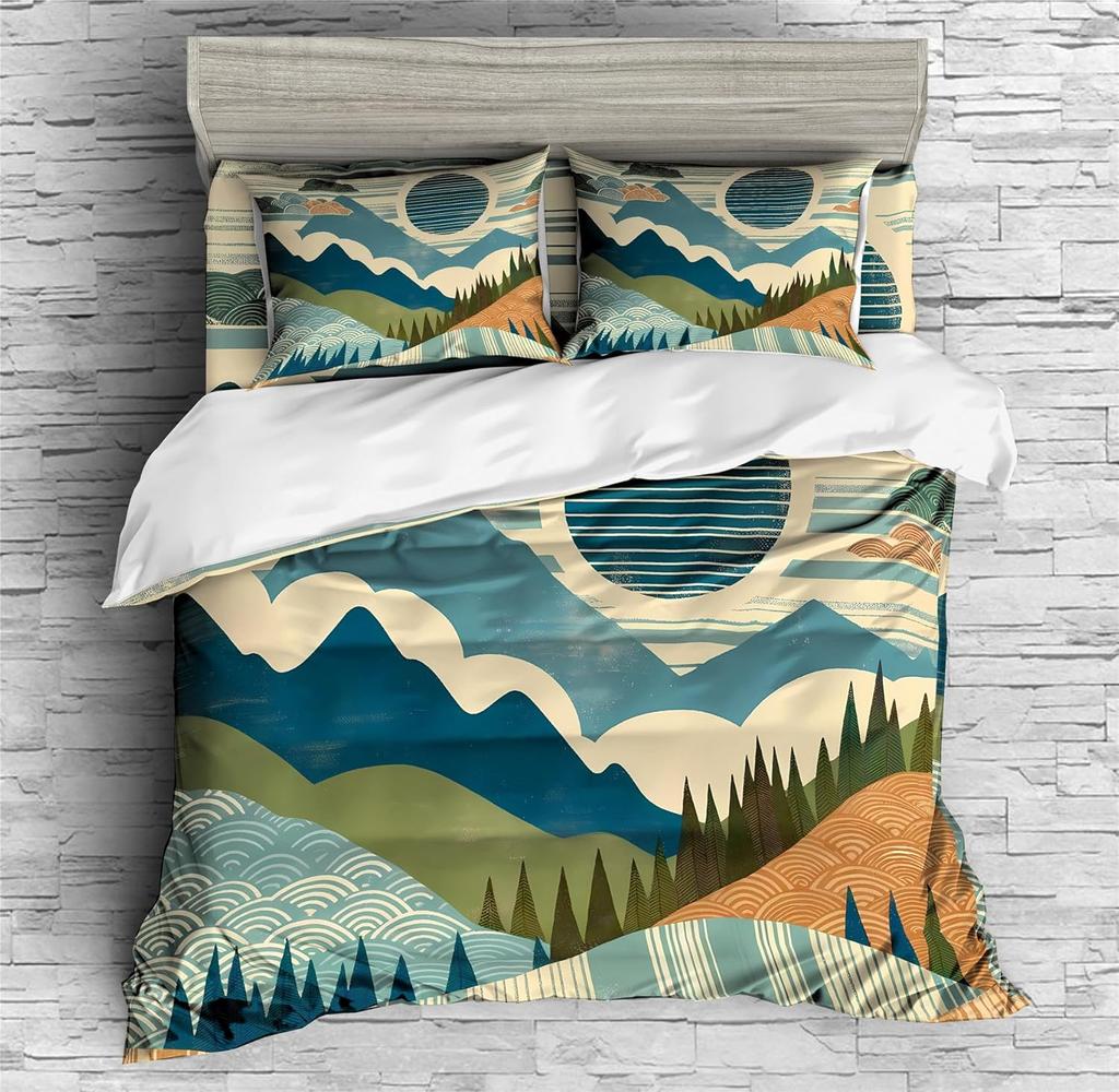 Comforter Hand-Painted Style Queen King Size Japanese Style Forest Mountain Bedding Set 3 Pcs With 2 S No Quilt