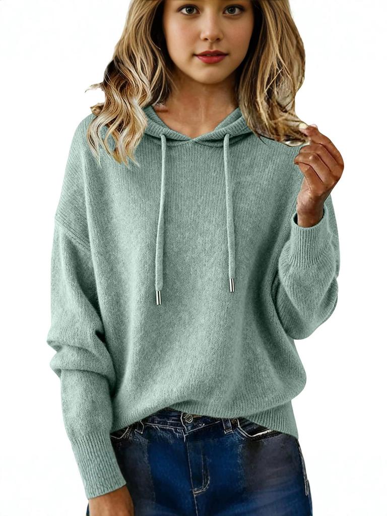 Women's Solid Color Hooded Drawstring Sweater - Long Sleeve Brushed Top