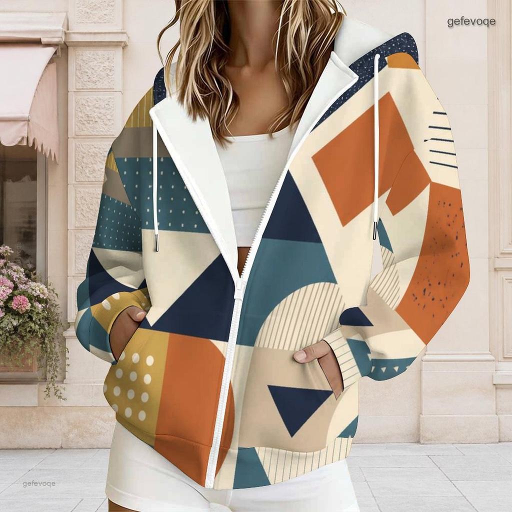 Women Plus Size Geometric Printed Zip Up Hoodie Long Sleeve Drawstring Hood With Pockets