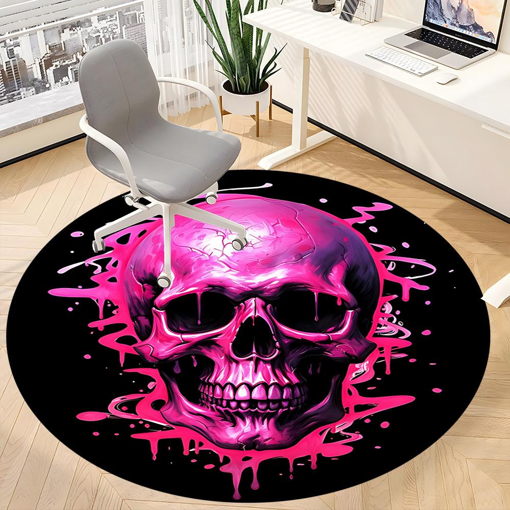 1PC Pink Skull Print Office Round Rug, Non slip, Soft and Durable Office Rug for Interior Decoration, Perfect for Office