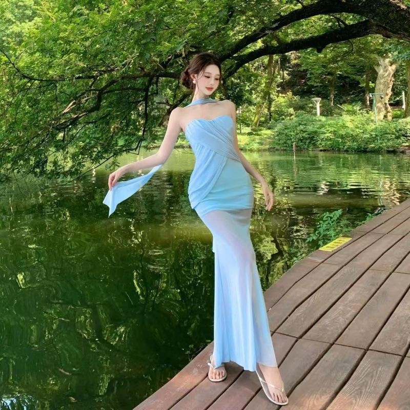 French temperament socialite beautiful fishtail long dress mesh tube top dress women's high-end seaside vacation beach dress