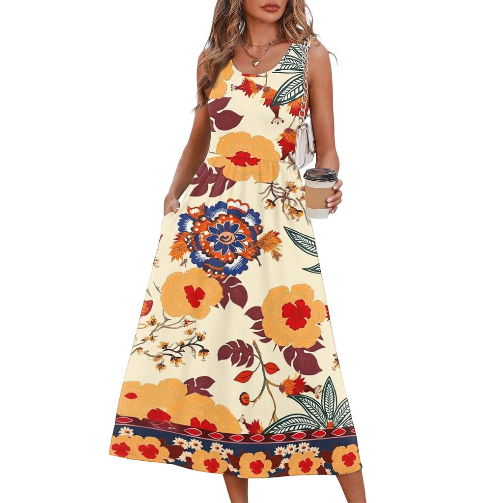 Maxi Abito da Donna Senza Maniche con Tasche Stampa Floreale Bohemien Vestibilità Larga Estivo Casual da Spiaggia Vestito Estivo Tessuto Leggero