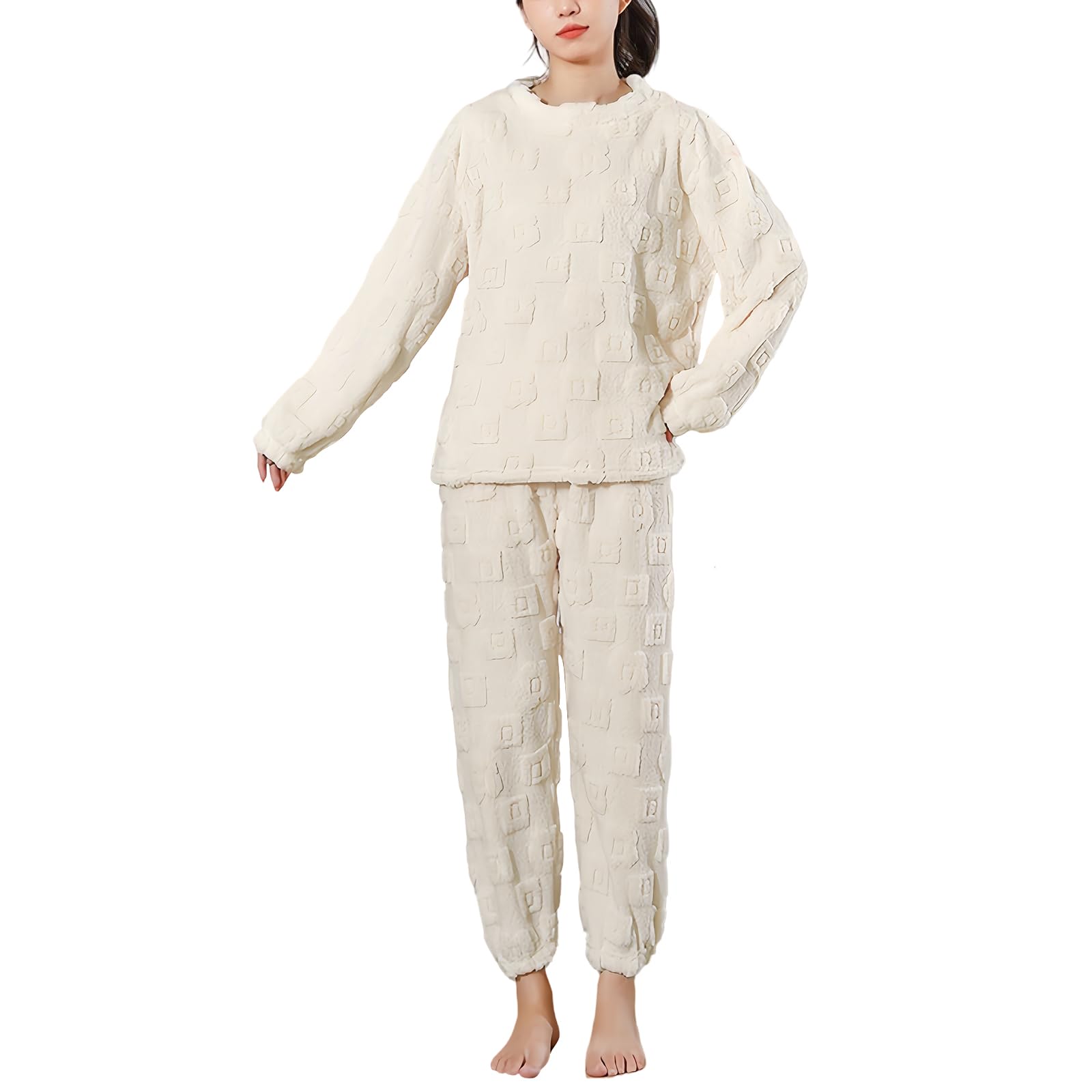 

xppe Pajama and Loungewear Round Long Wide Leg Plus Velvet Solid Plus Loose Cute Loungewear for and Winter Women s Set, Neck, Sleeves, Pants,