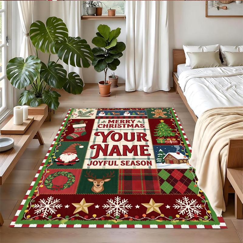 Christmas Custom Name Printed Square Area Rug Soft Non Slip Floor Carpet For Bedroom Holiday Gift