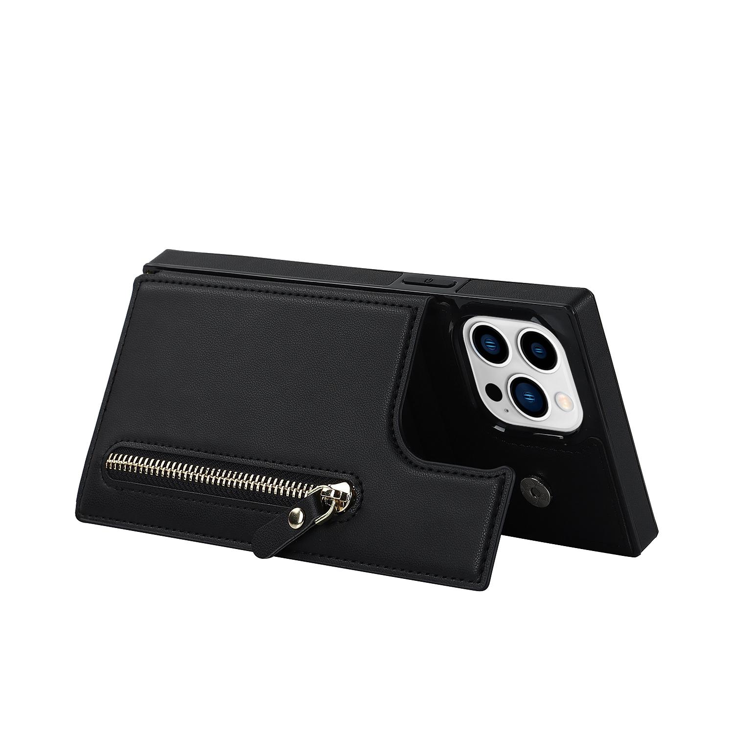 

Wallet Phone Case for iPhone 14 Pro Max Anti-Fall Shockproof Case TPU PU Leather Protective Cover with Zippered Pouch/Shoulder Strap Black