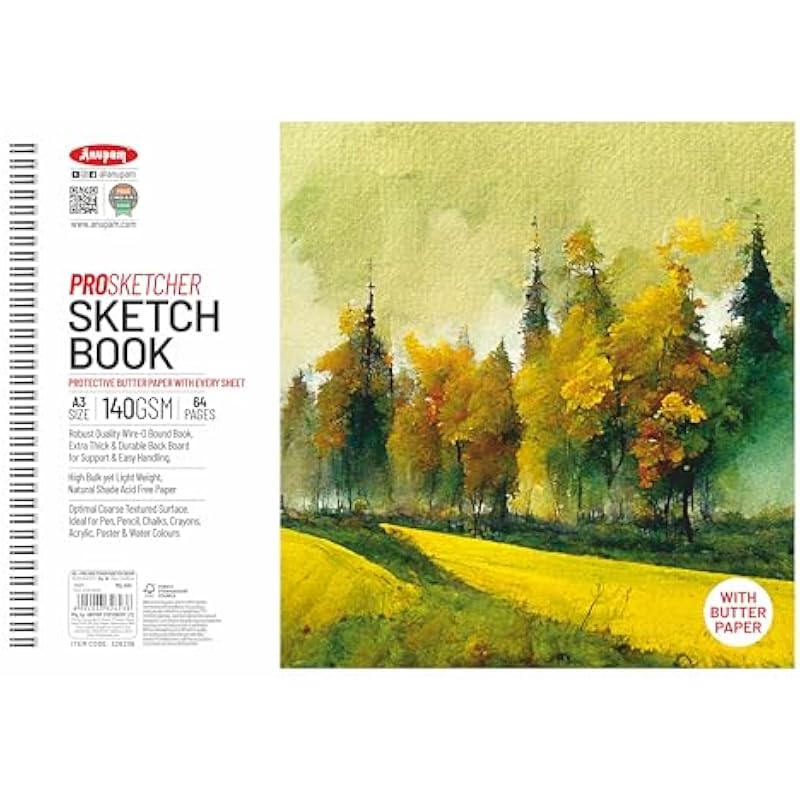 Anupam Pro Sketcher Drawing Book With Butter Paper Pages A3 Size Spiral-Bound Sketchpad 140 Gsm For Artists, Kids & Prof