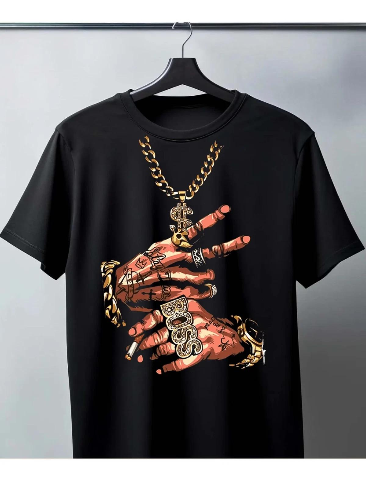 Men s Pure - Cotton Black T - Shirt: Blingy Gangster Hands Theme XL