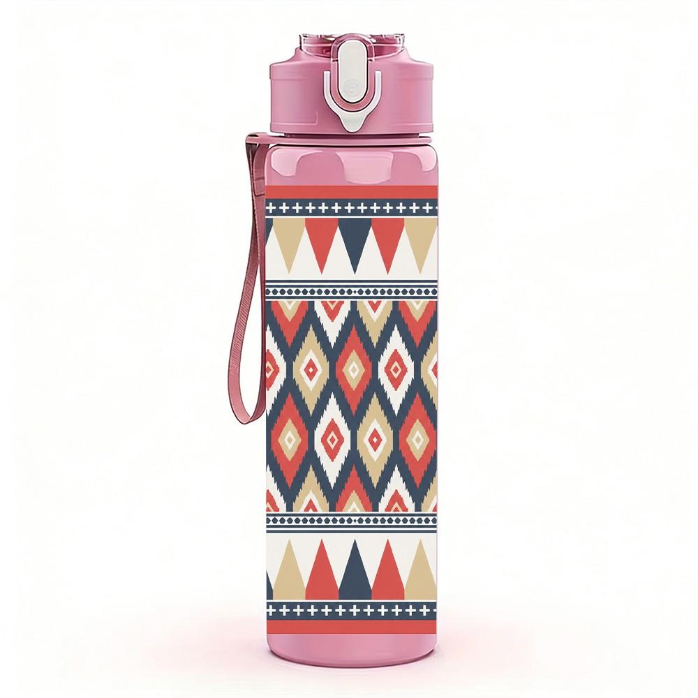 1PC Red Woven Tribal Pattern 750ml Sports Water Bottle Leakproof Straw Lid Outdoor Office Home