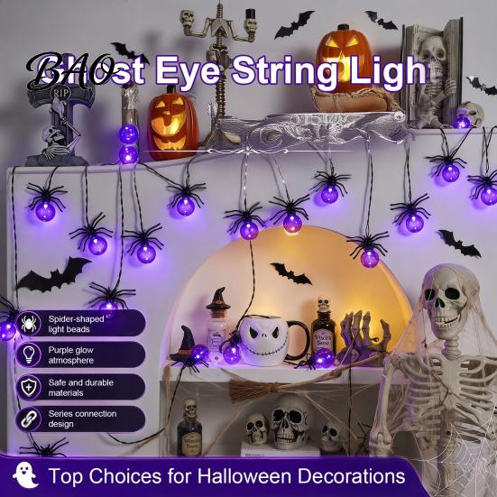 Flexible Tree Railing Wrap Lights 10/20FT Halloween String Light, Battery Powered Purple LED Large Spider/Bat Garland, Spooky Creative Holiday