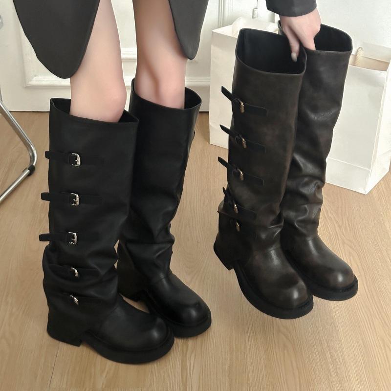 Maillard but knee boots women's 2025 new autumn retro stacking pants tube boots thick heel tall knight boots