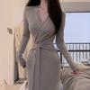 Straps Want a New V-neck Lace-up Long-sleeved Dress for Children's Autumn Wear, Slim-fitting and Thin Temperament Long Dress, Hip-wrap Skirt