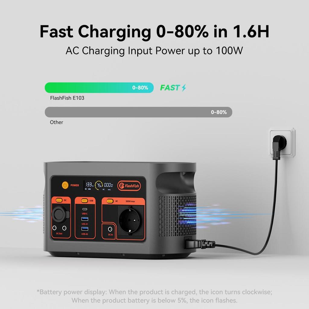 Stazione di alimentazione portatile FlashFish E103 - 300 W - Batteria LiFePO4 da 179,2 Wh - 7 Uscite - Carica 0-80% in 1 Ora - Funzione EPS