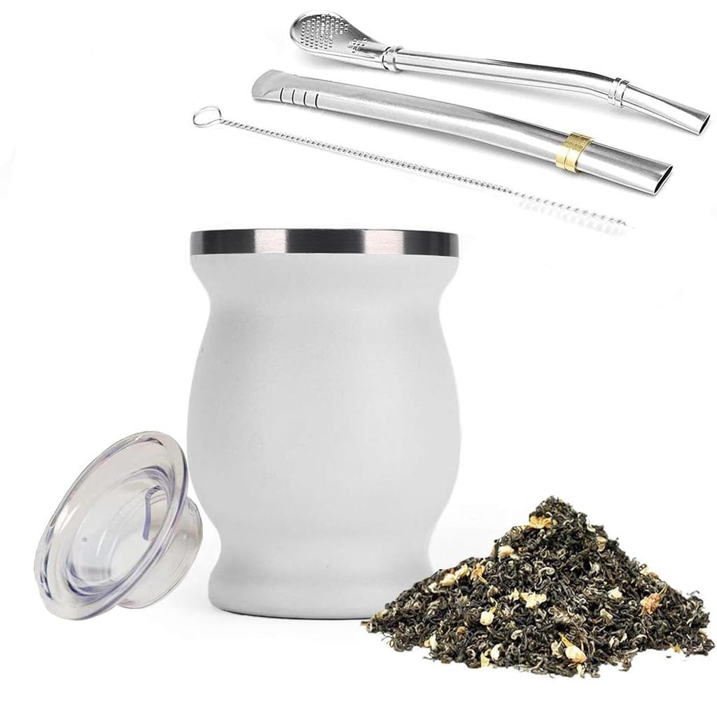 Stainless Steel Mate Tea Cup and Set with Straw Cleaning Brush for Easy Cleaning. Perfect for the Office or Home. (White)