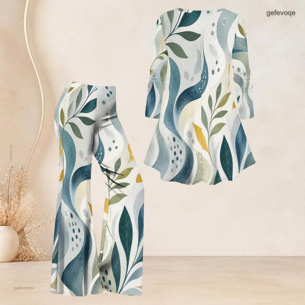 Women Plus Size Printed Round Neck Three Quarter Sleeve Flared Top And Flared Pants Two Piece Set