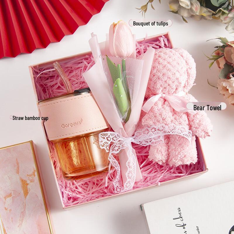Commemorative Gift Mug Set Straw Cup, Flower & Towel