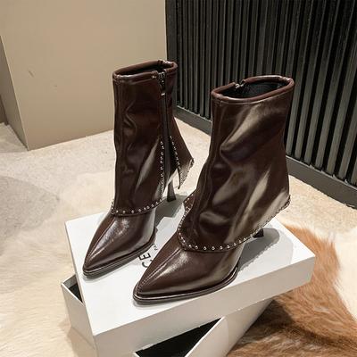Mode Modeschuhe für Damen Seitlicher Reißverschluss Damenstiefel Winter Spitzschuh Einfarbig Kurzer Schaft Stilettos oder Dünne Absätze Stiefel