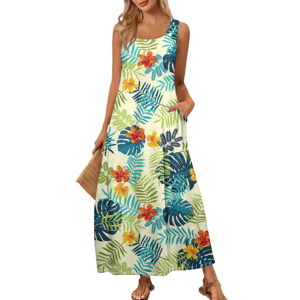 Damen Sommer Mode Rundhals Ärmellos Strandkleid Kleider mit Blumendruck
