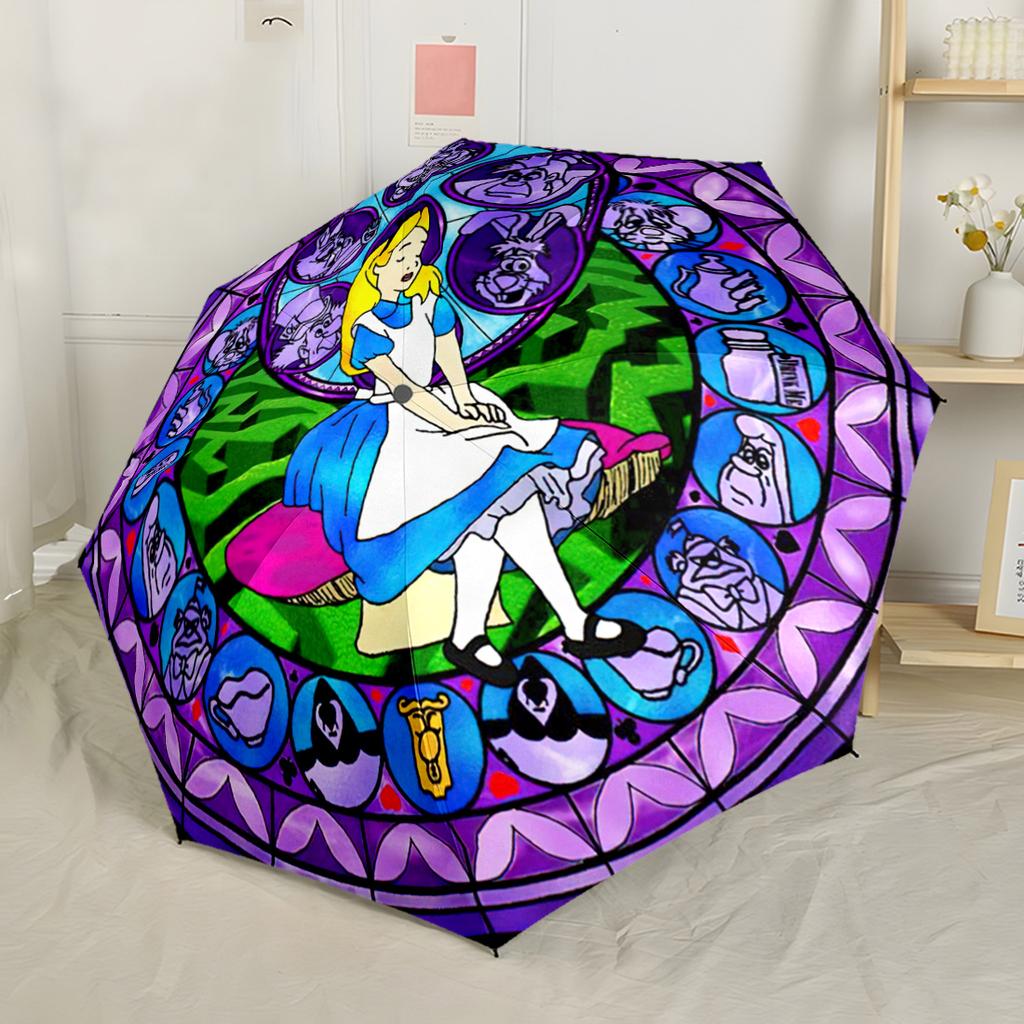 Alice Wonderland Portable Automatic Umbrella Compact 8-Rib Lightweight Sturdy Construction Travel Essential Elegant Women's Umbrella Spiritual Gift