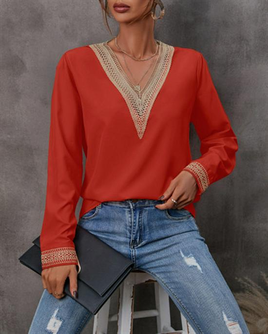 

Женский топ с V-образным вырезом, кружевной, с длинными рукавами, 2024 L ярко-красный