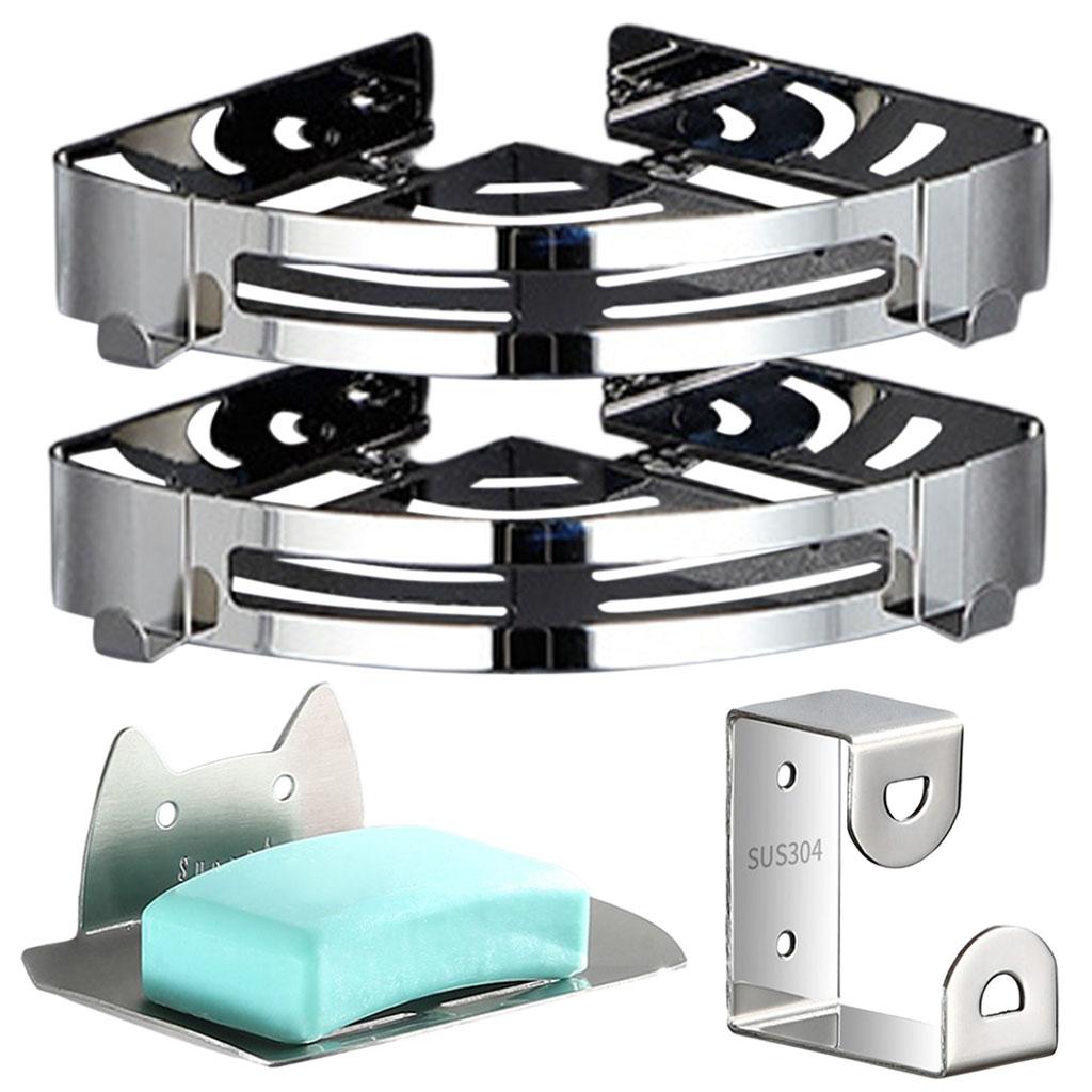 Bathroom Shower Corner Shelf with Two Hooks Stainless Steel, Wall Mount Shelves
