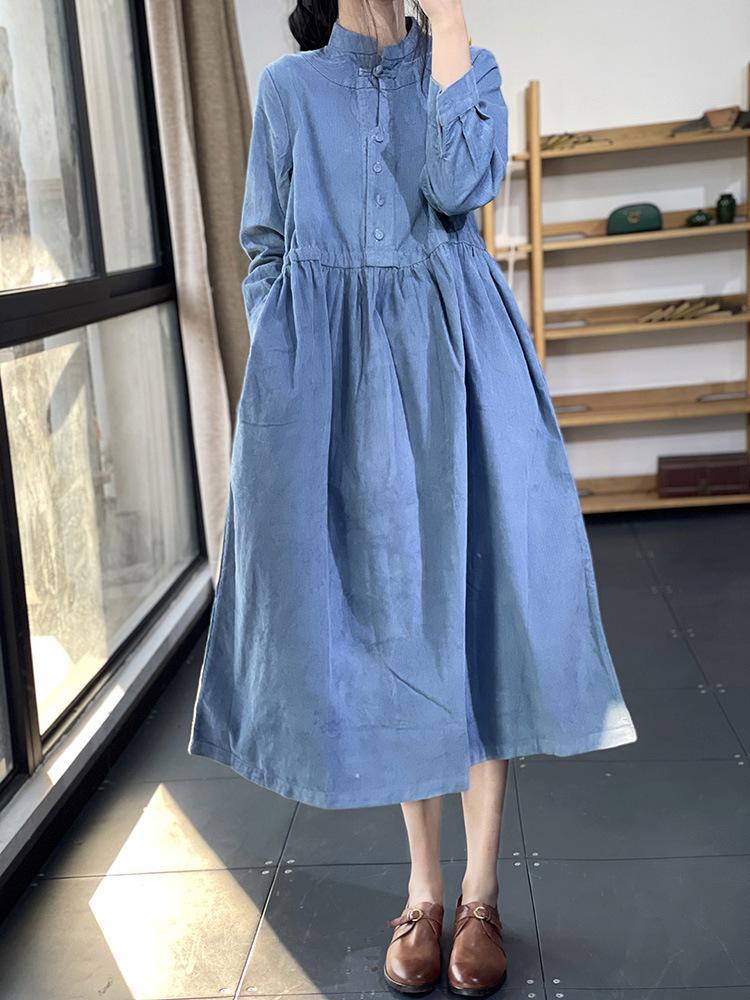 2025 Spring New Literary and Retro Chinese Style Buckle Stand-up Collar  Loose Casual Temperament Versatile Corduroy Dress  buy the best products  in the Ayzeze online store