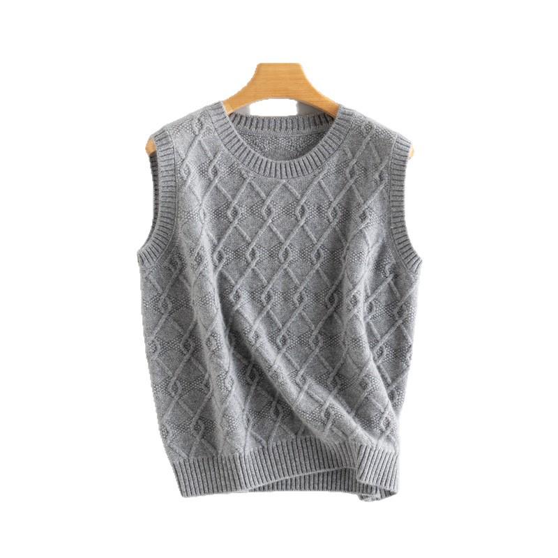 Autumn/Winter Women's Slimming Sleeveless Pure Cashmere Cable Knit Diamond Pattern Top