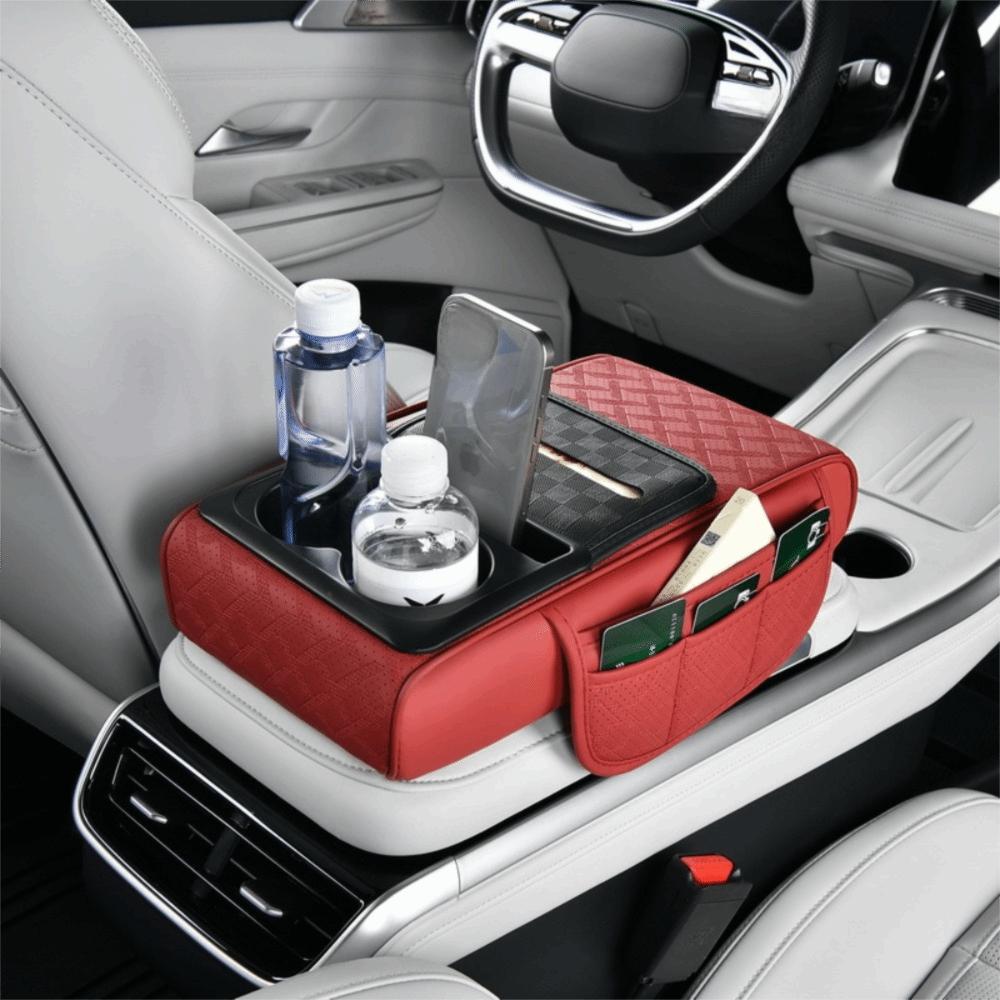 

Nappa Leather Car Armrest Storage Box 2 Cup Holder Arm Rest Heightening Pillow Trucks красный
