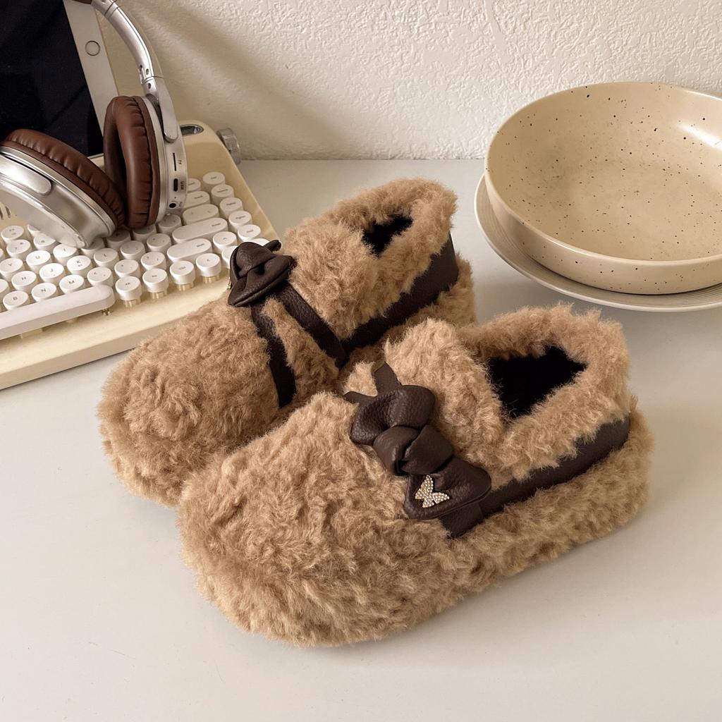 Bow-tie fluffy shoes for women's outer wear 2025 winter new Korean version velvet warm one-pedal Doudou shoes women's shoes cotton shoes