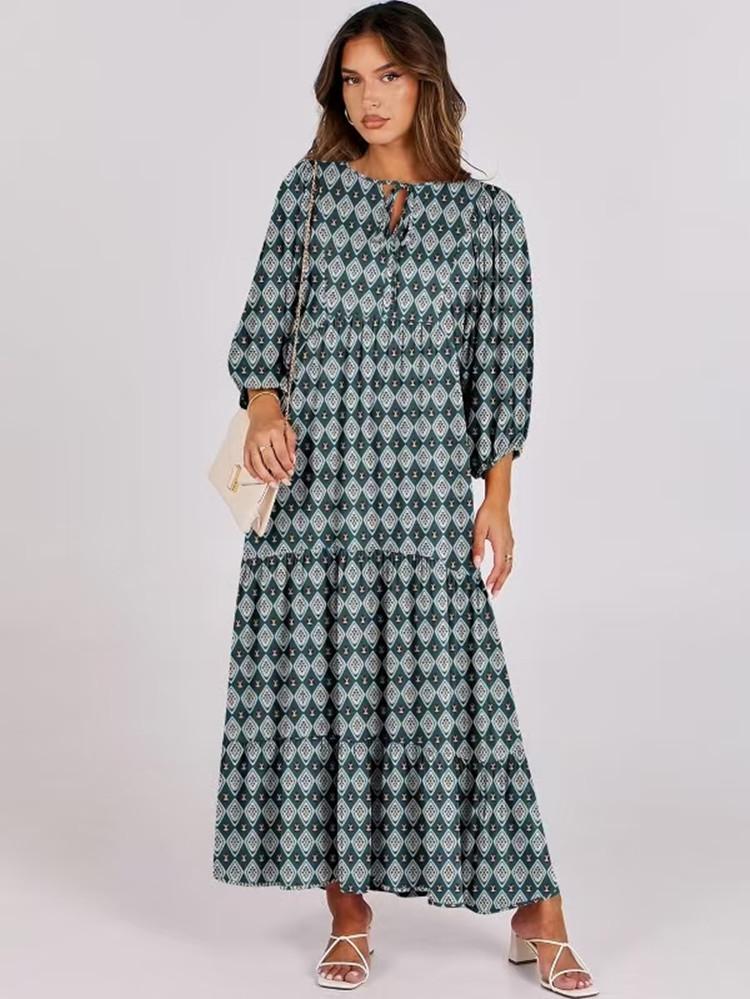2023 Autumn New Independent Station Hot-selling Geometric Printing Bubble Sleeve Dress Street Fried Street Large Size Women's Clothing