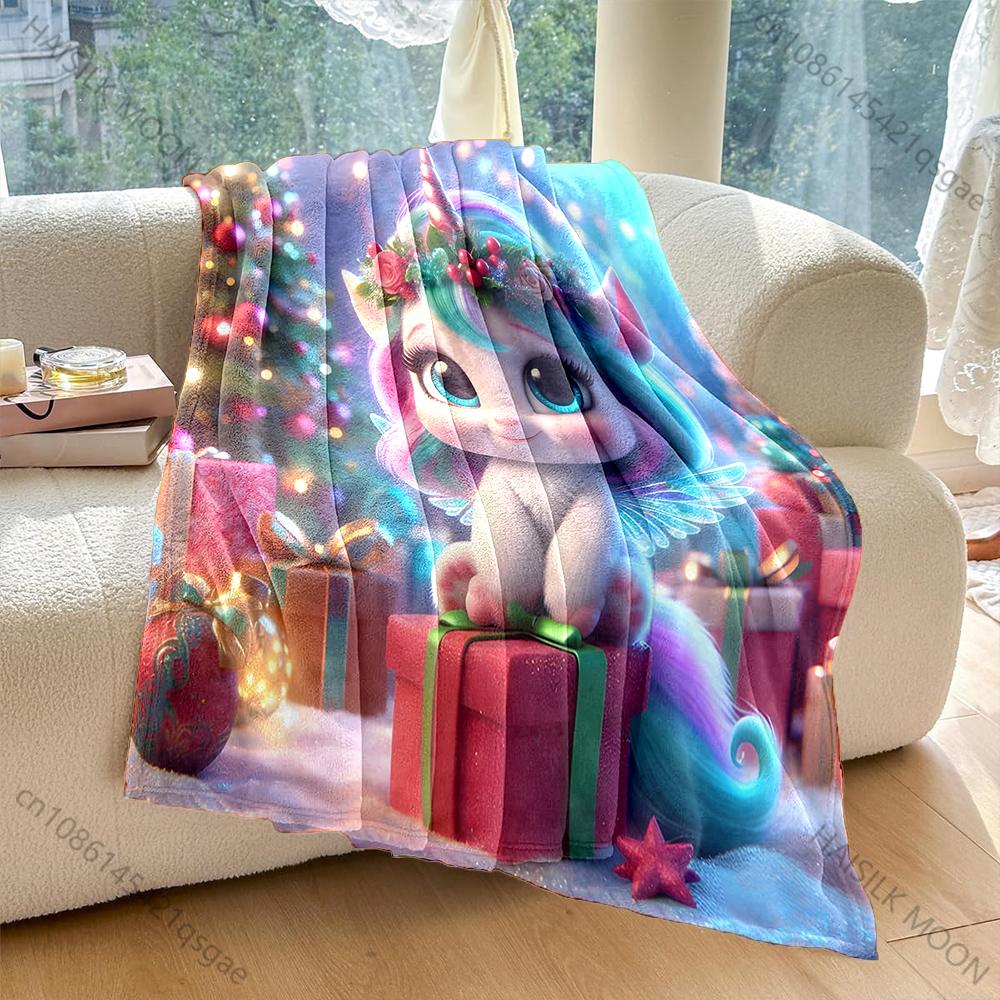 Colorful Festive Unicorn and Presents Pattern Blanket Flannel Material Soft Warm for All Seasons Home Outdoor Camping Picnics RV