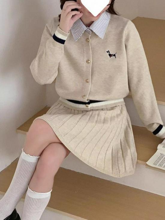 2025 Fall/Winter Korean Academy Style Knit Cardigan & Pleated Skirt Set for Women