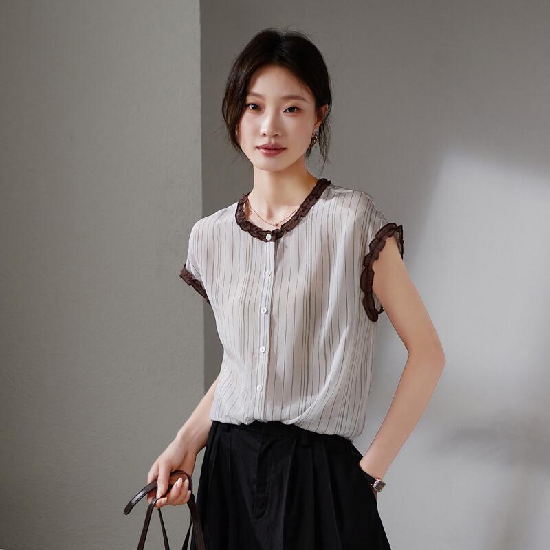SOFSIL 2026 Summer Mulberry Silk Striped Short Sleeve Shirt M