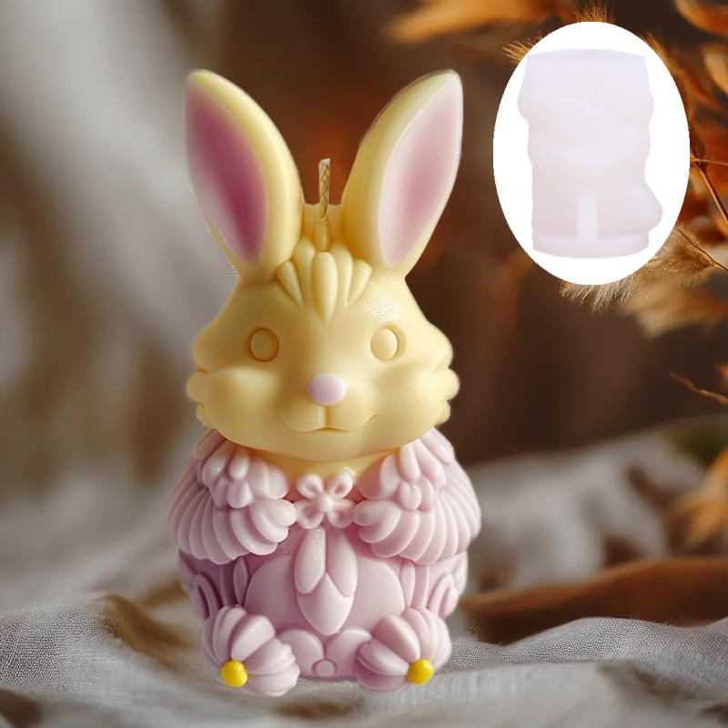 3D Cute Sitting Rabbit Candle Silicone Mold Vertical Ears Flower Rabbits Resin Mould Striped Easter Bunny Concrete Gypsum Molds