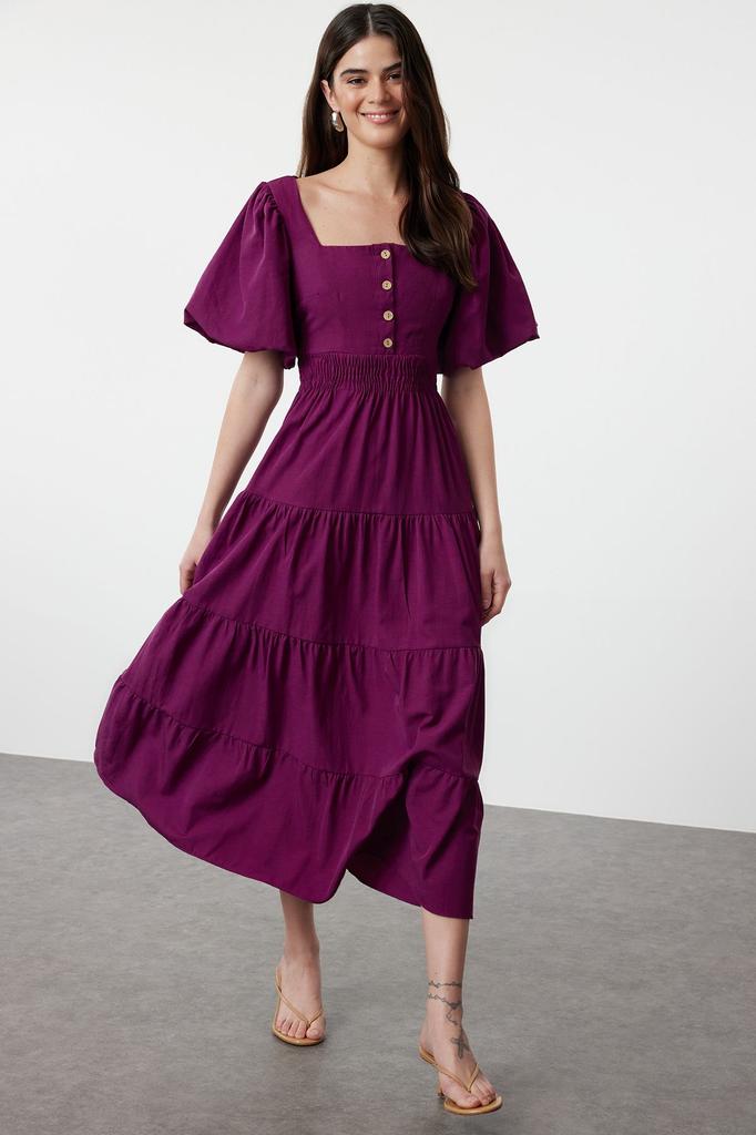 Women's Style Dress Pink Square Neck Maxi Woven Dress with Opening Waist and Back Detail