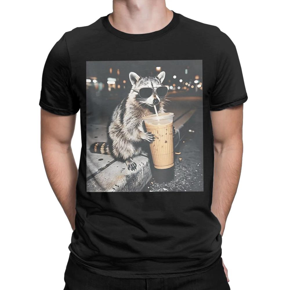

Vintage T Shirts Summer Raccoon Drinking Iced Coffee Funny Animal Meme T Shirts Cotton Tee Shirt for Men Tees S