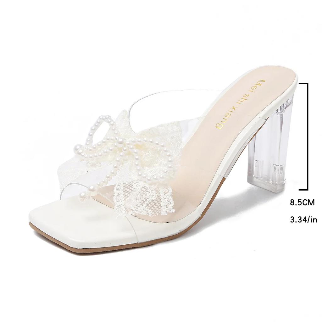 Fashion Lace Pearl Bowknot High Heel Slippers for Women Summer Square Toe Transparent Heeled Pvc Sandals Woman Fashion Party Dress Shoes