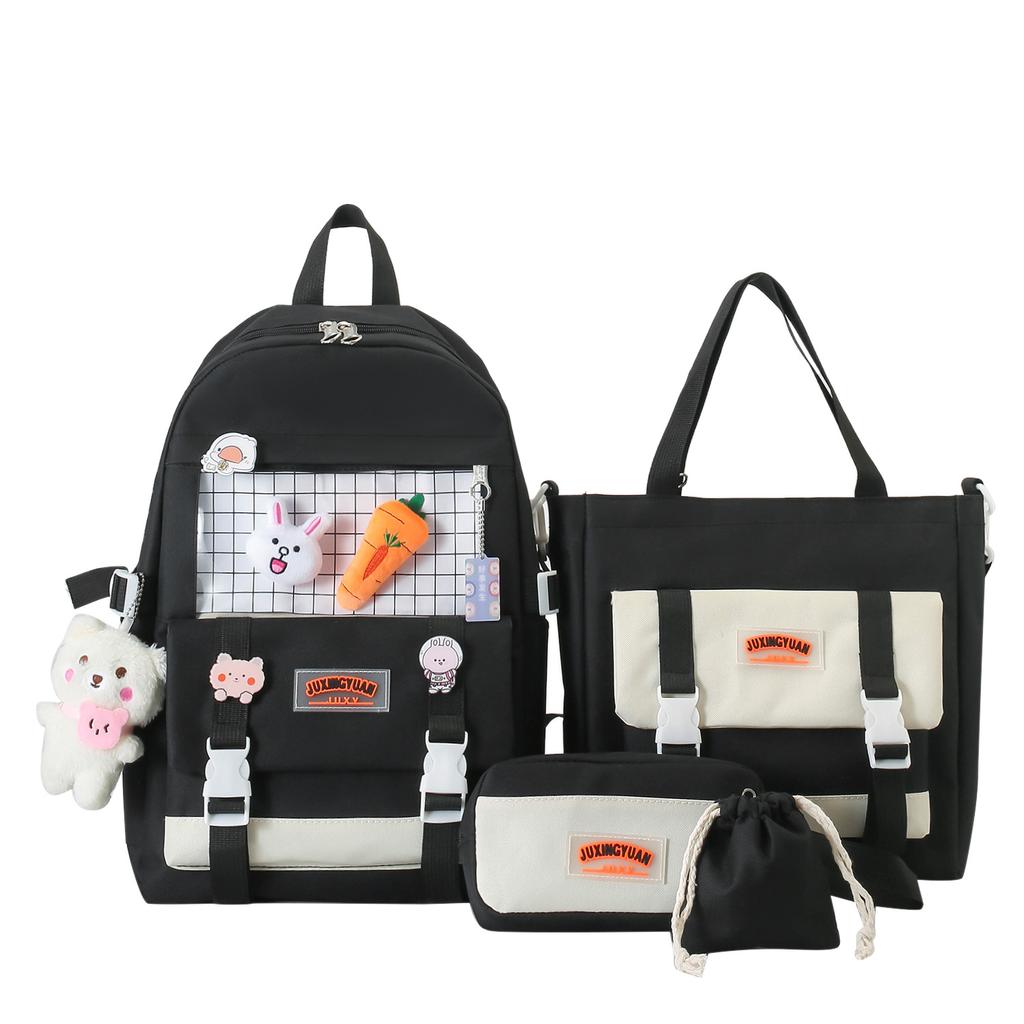 Korean Version of Fashion Trend Casual Large Capacity Foreign Style Versatile Backpack Small Fresh Japanese Four-piece Set Student Schoolbag