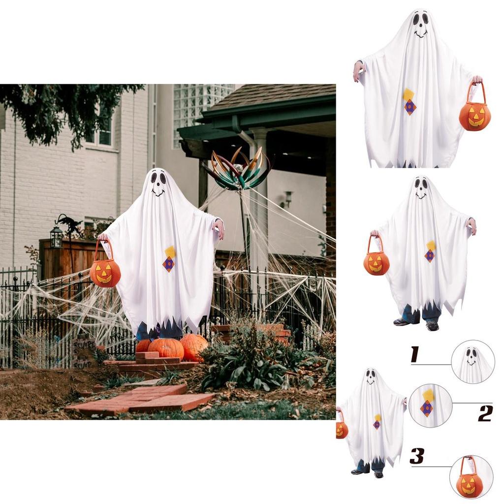 Spooky Halloween Ghost Cosplay Costume With Pumpkin Candy Bag For Kids