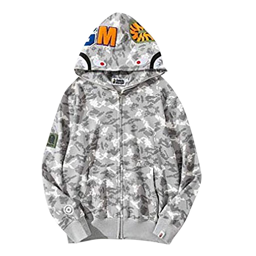 Japanese Style Shark Head Camouflage Zip Up Hoodie Full Zip Hooded Sweatshirt Casual Streetwear Fashion Outerwear for Men and Women